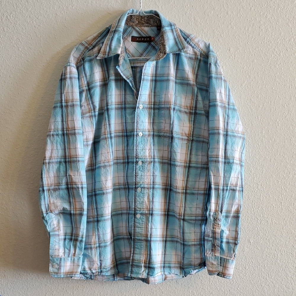 Roper Men's Blue Plaid Long Sleeve Button Shirt size Medium